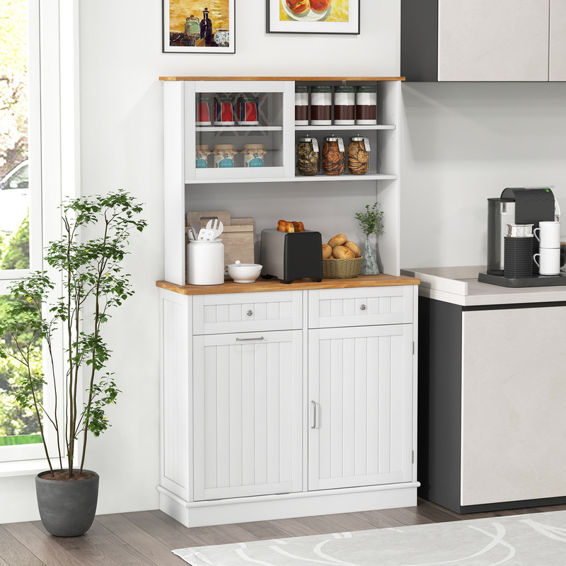 Double Tilt Out Trash Cabinet with Hutch & Rubber Wood Countertop 10 Gallon Storage Bin Organizer