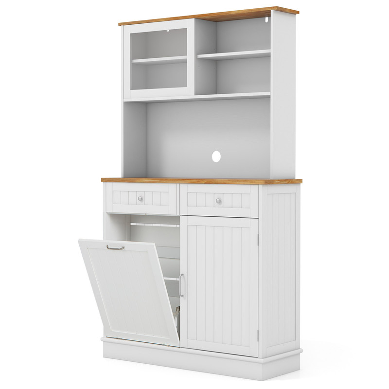 Double Tilt Out Trash Cabinet with Hutch & Rubber Wood Countertop 10 Gallon Storage Bin Organizer