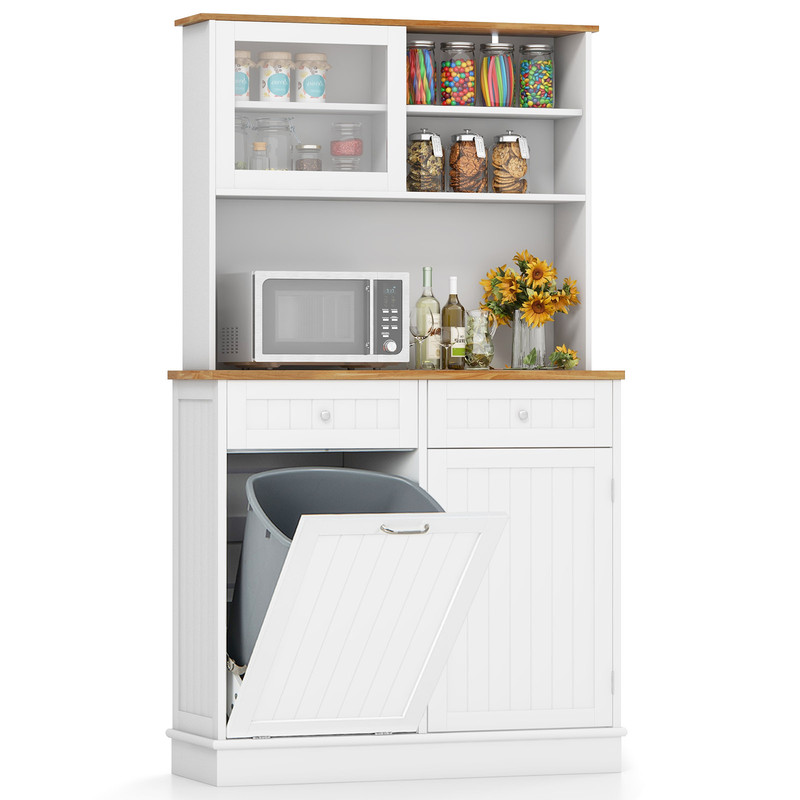 Double Tilt Out Trash Cabinet with Hutch & Rubber Wood Countertop 10 Gallon Storage Bin Organizer