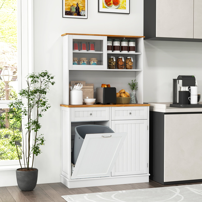 Double Tilt Out Trash Cabinet with Hutch & Rubber Wood Countertop 10 Gallon Storage Bin Organizer