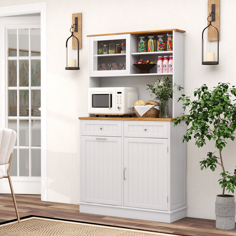 Double Tilt Out Trash Cabinet with Hutch & Rubber Wood Countertop 10 Gallon Storage Bin Organizer