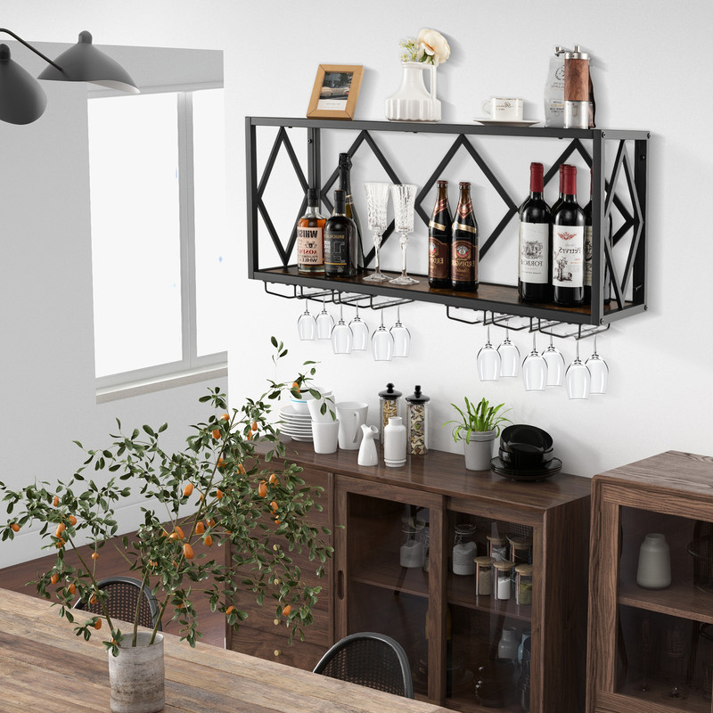 Wall Mounted Wine Rack for 39 Bottles & 12 Glasses, Space Saving Storage with Anti Fall Design for Kitchen, Dining Room