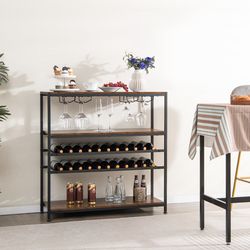 industrial wine rack table, 5 tier storage with 20 glass holder,rustic brown bar cabinet for small spaces & entertaining