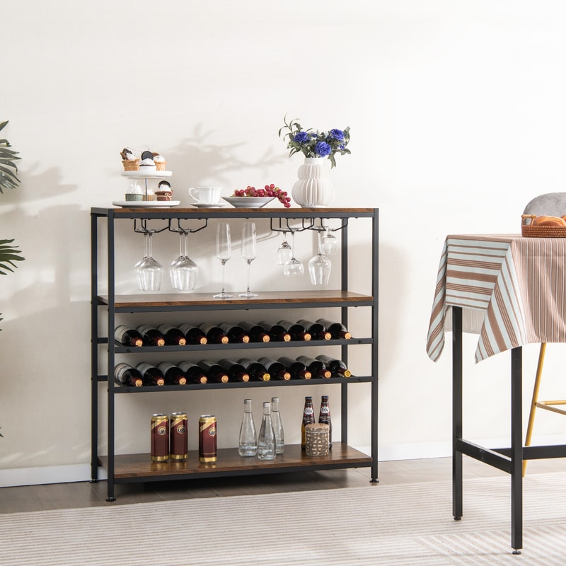 Industrial Wine Rack Table, 5 Tier Storage with 20 Glass Holder,Rustic Brown Bar Cabinet for Small Spaces & Entertaining