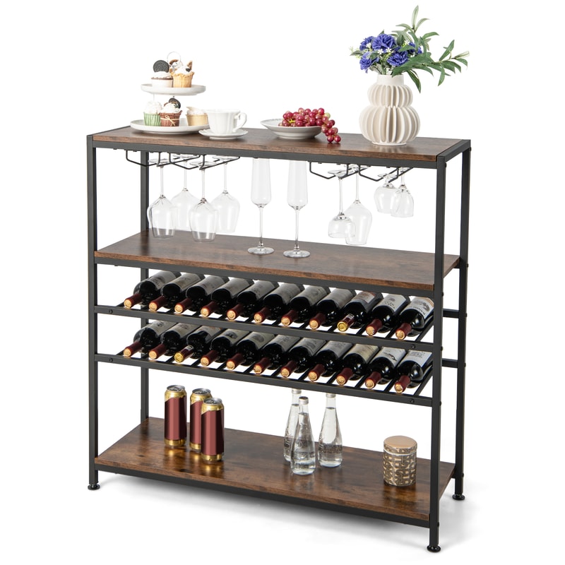 Industrial Wine Rack Table, 5 Tier Storage with 20 Glass Holder,Rustic Brown Bar Cabinet for Small Spaces & Entertaining
