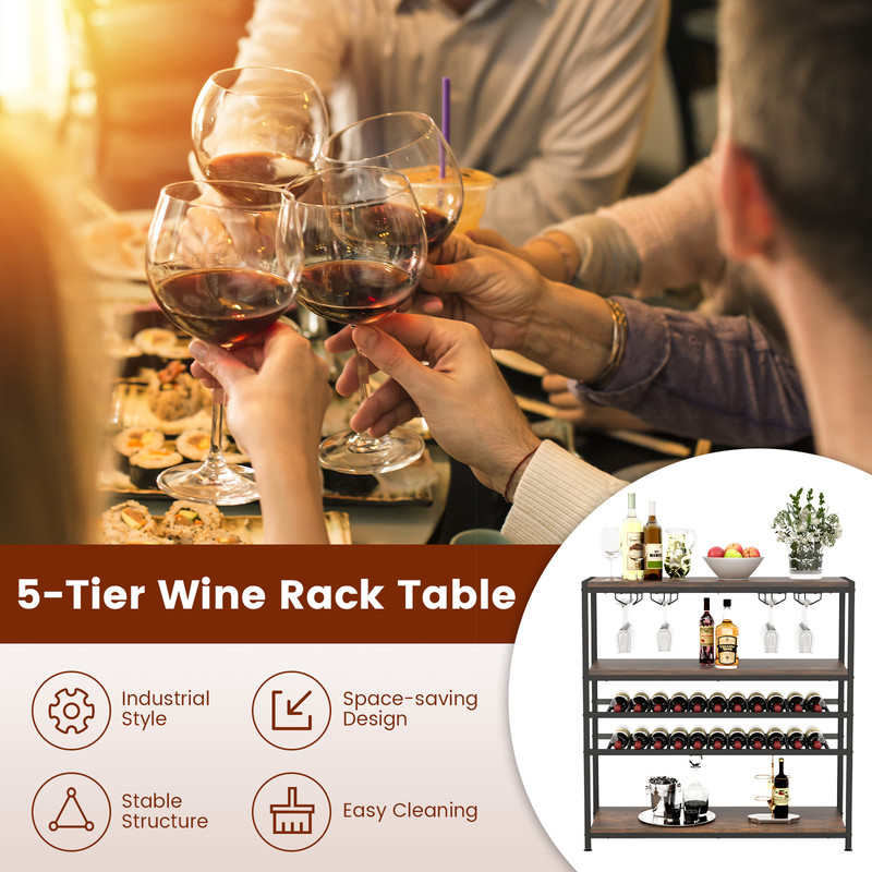 Industrial Wine Rack Table, 5 Tier Storage with 20 Glass Holder,Rustic Brown Bar Cabinet for Small Spaces & Entertaining