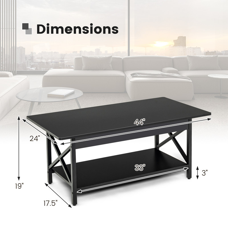 2Tier Rectangle Coffee Table With Storage Shelf XShaped Metal Frame Stylish Functional 5