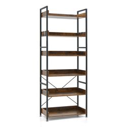 industrial bookcase with open shelves & hooks, tall metal frame display shelf for plants, books, decor & storage