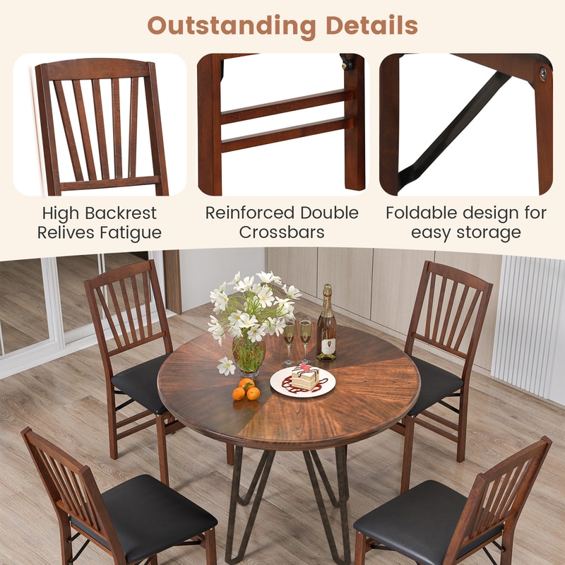 Vintage Rubber Wood Set Folding Chairs With Cushioned Seat Foldable PreAssembled Dining Chairs For 3