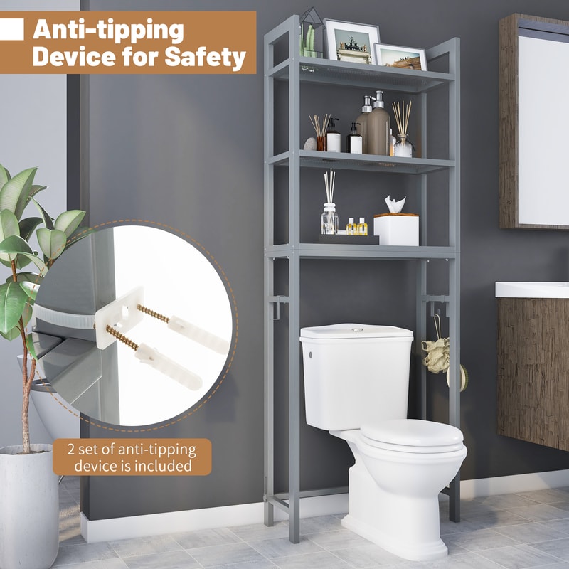 Space Saving Metal OverTheToilet Storage Shelf With Hooks Bathroom Organizer Rack With AntiTip Desi 5