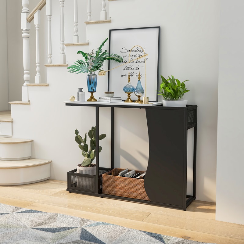 43.5 Inch Console Table with Plant Position & Faux Marble Top, Modern Entryway Table for Home Decor