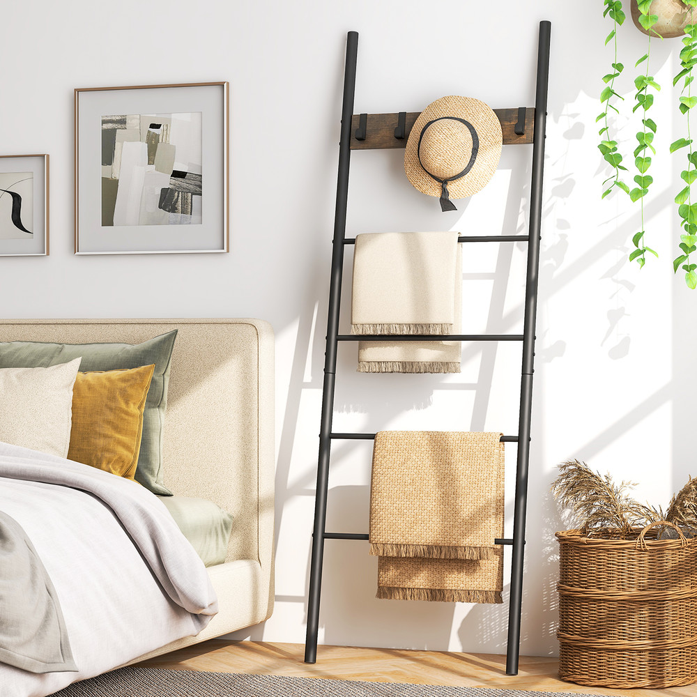 Rustic WallLeaning Blanket Holder With 5 Removable Hooks MultiTier Storage  Display Ladder 0