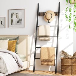 rustic wall-leaning blanket holder with 5 removable hooks, multi-tier storage & display ladder