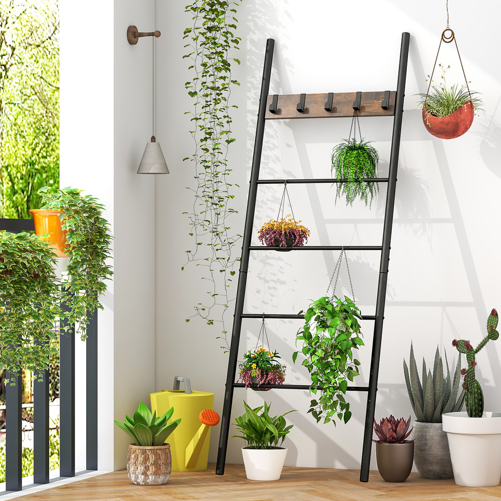 Rustic WallLeaning Blanket Holder With 5 Removable Hooks MultiTier Storage  Display Ladder 1