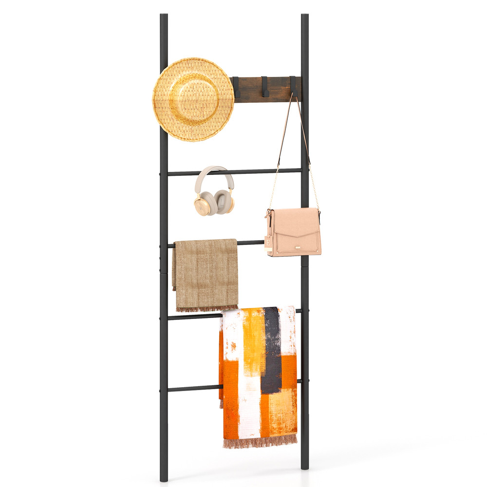 Rustic WallLeaning Blanket Holder With 5 Removable Hooks MultiTier Storage  Display Ladder 6