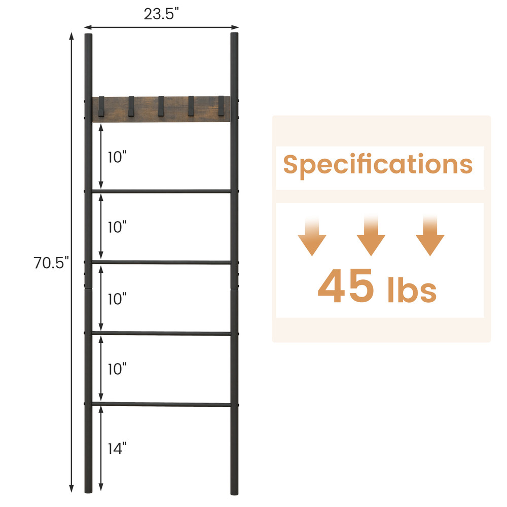Rustic WallLeaning Blanket Holder With 5 Removable Hooks MultiTier Storage  Display Ladder 4