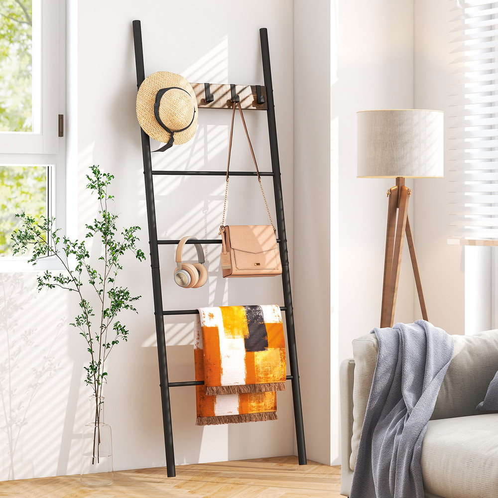 Rustic WallLeaning Blanket Holder With 5 Removable Hooks MultiTier Storage  Display Ladder 2