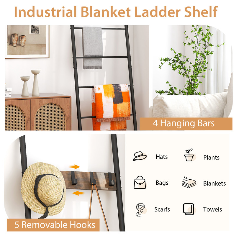 Rustic WallLeaning Blanket Holder With 5 Removable Hooks MultiTier Storage  Display Ladder 3