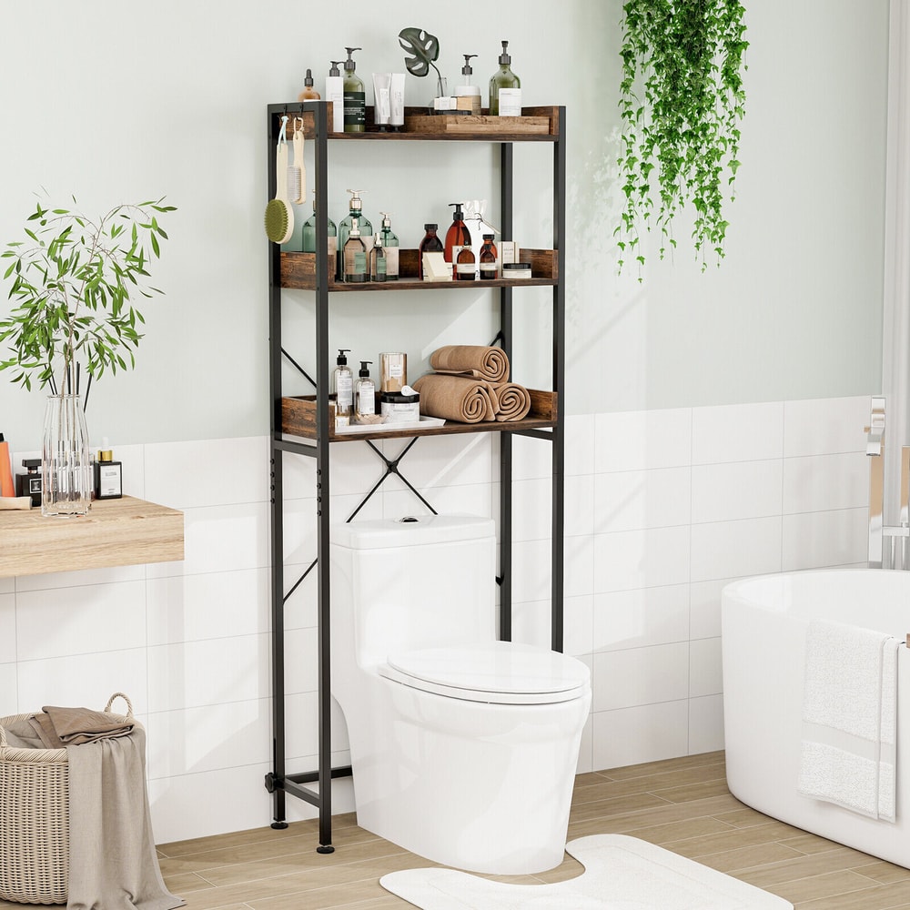 Over The Toilet Storage Rack With Hooks Adjustable Bottom Bar 3Tier Freestanding Bathroom Organize 5