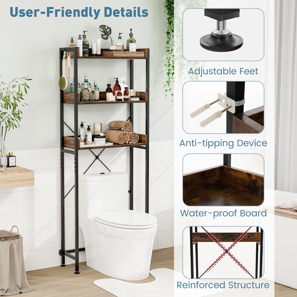 Over The Toilet Storage Rack With Hooks Adjustable Bottom Bar 3Tier Freestanding Bathroom Organize 3