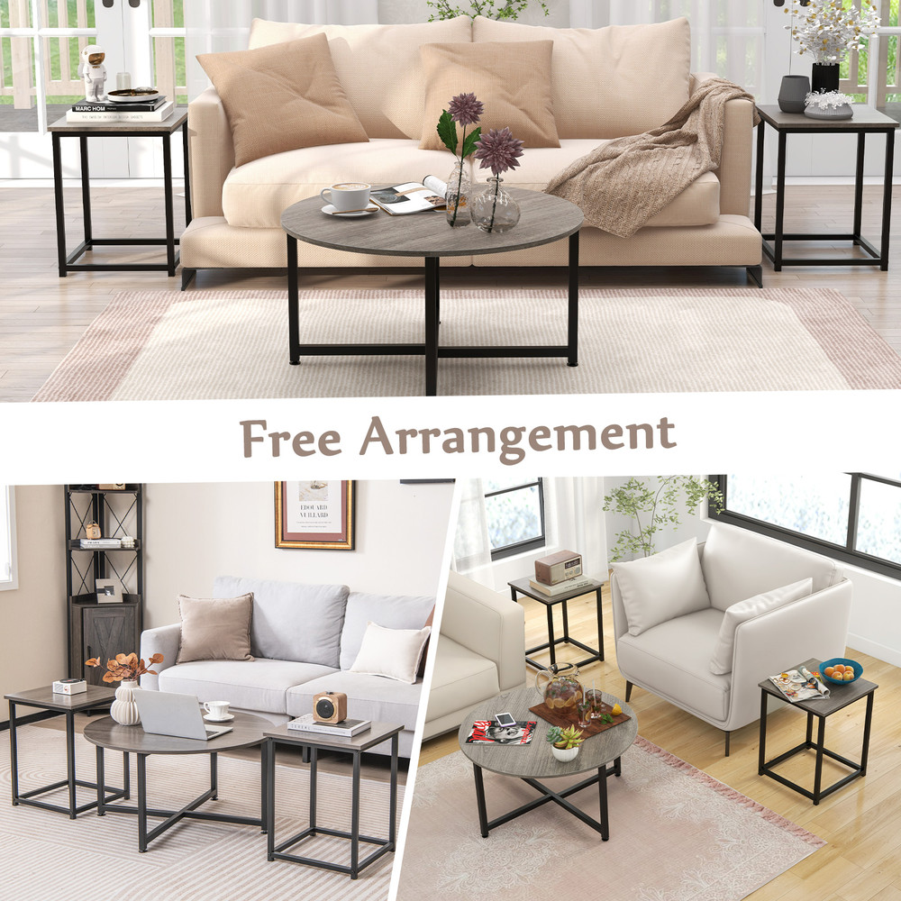 3Piece Coffee Table Set Round Coffee Table 2 Square End Tables Modern Living Room Furniture 2
