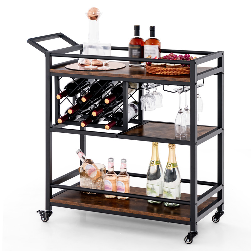 3Tier Bar Cart On Wheels Home Kitchen Serving Cart With Wine Rack Glasses Holder Mobile Beverage 5