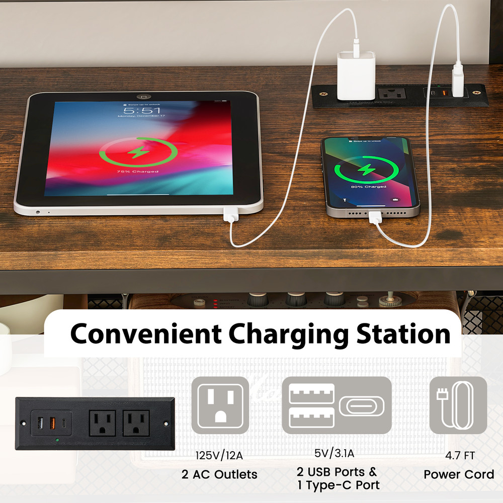 Industrial TV Stand For Up To 50 Inches Media Console With Power Outlets  USB Ports  Charging Stati 3