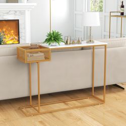 elegant rectangular white faux marble console table with storage, gold accent entryway & sofa table