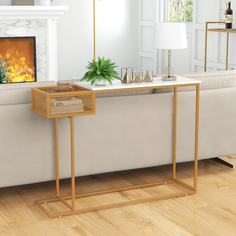 Elegant Rectangular White Faux Marble Console Table With Storage Gold Accent Entryway  Sofa Table 0