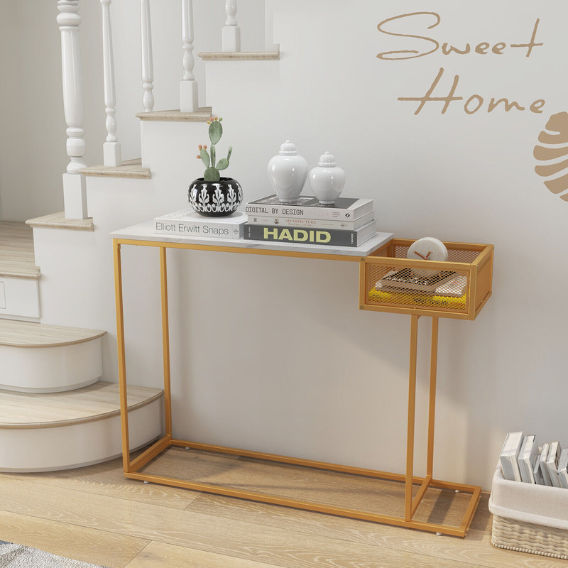 Elegant Rectangular White Faux Marble Console Table With Storage Gold Accent Entryway  Sofa Table 1