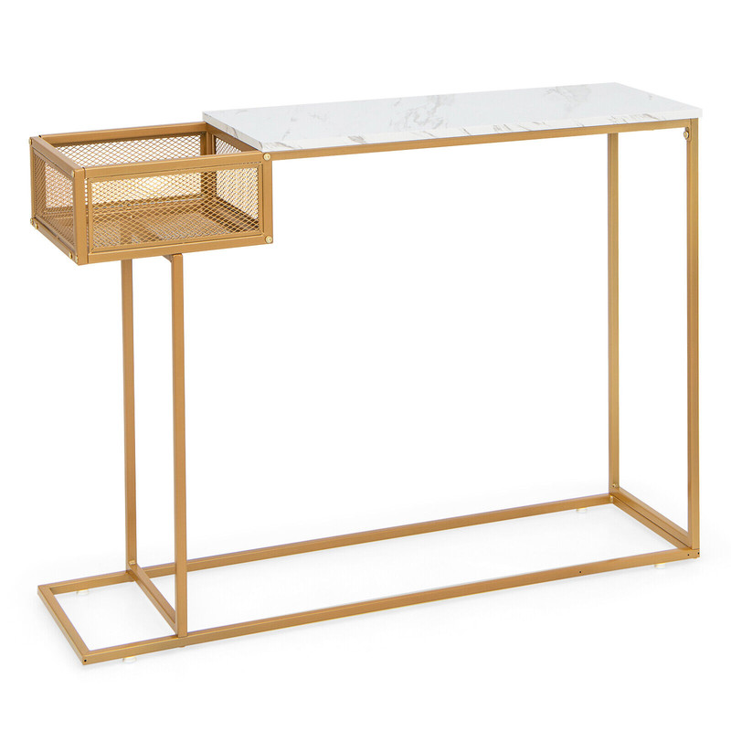 Elegant Rectangular White Faux Marble Console Table With Storage Gold Accent Entryway  Sofa Table 6