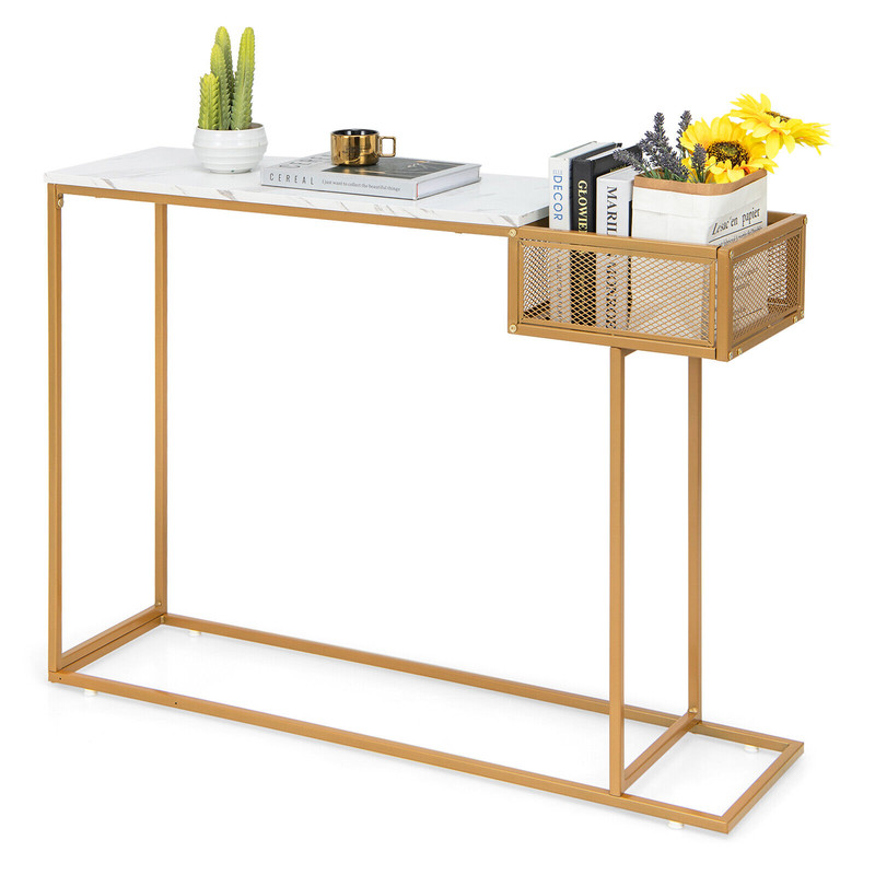 Elegant Rectangular White Faux Marble Console Table With Storage Gold Accent Entryway  Sofa Table 7
