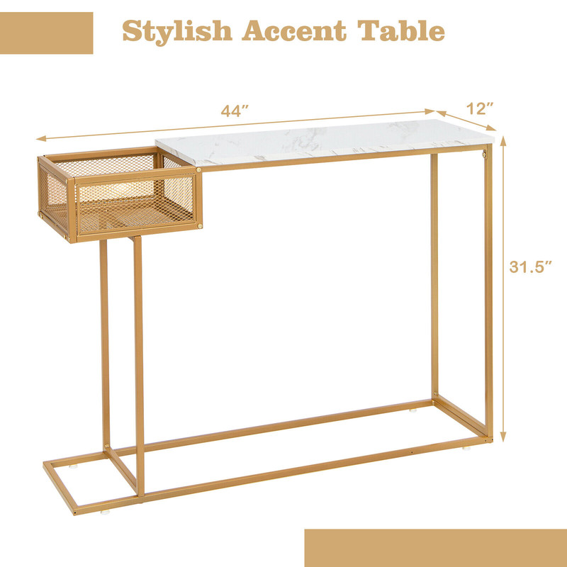 Elegant Rectangular White Faux Marble Console Table With Storage Gold Accent Entryway  Sofa Table 5