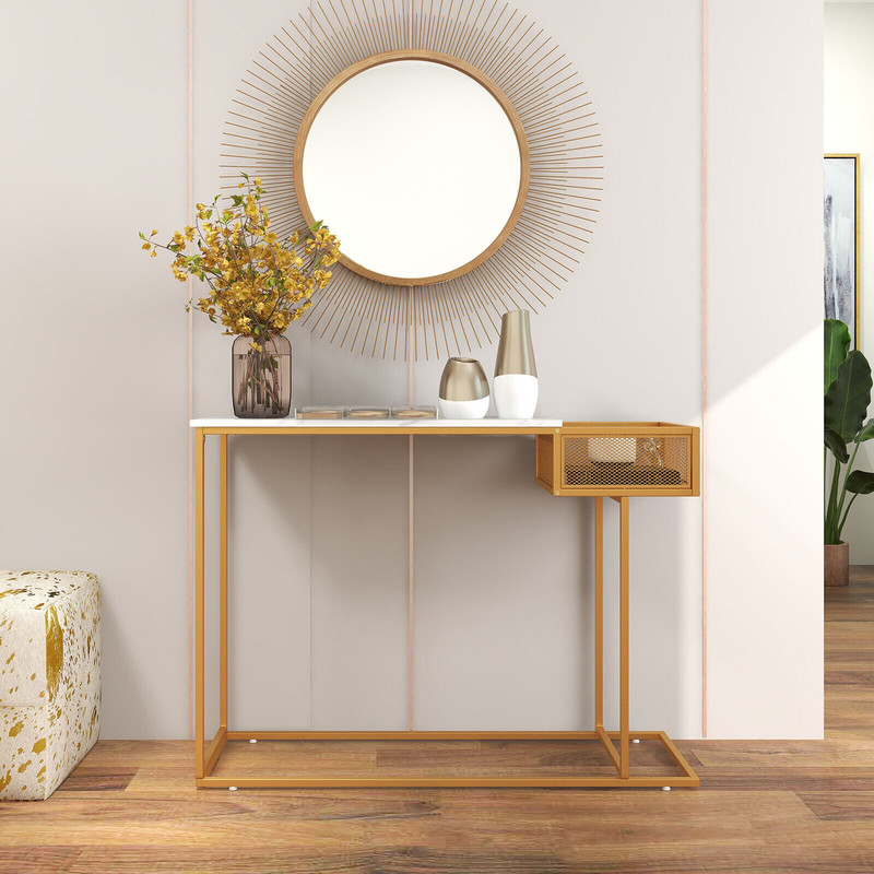 Elegant Rectangular White Faux Marble Console Table With Storage Gold Accent Entryway  Sofa Table 2