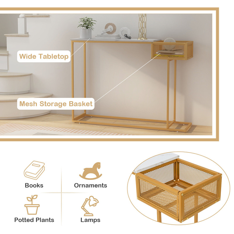Elegant Rectangular White Faux Marble Console Table With Storage Gold Accent Entryway  Sofa Table 4