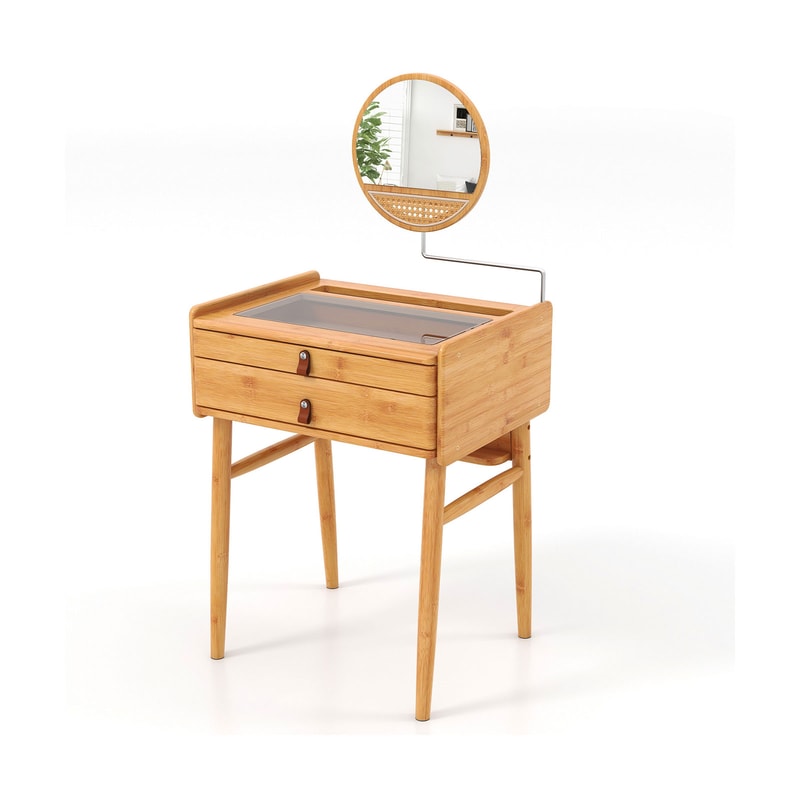Bamboo Makeup Vanity Table With Mirror 2 Storage Drawers SpaceSaving Beauty Station 2