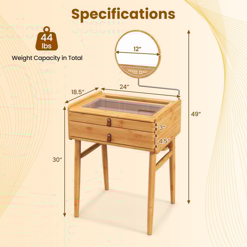 Bamboo Makeup Vanity Table With Mirror 2 Storage Drawers SpaceSaving Beauty Station 7