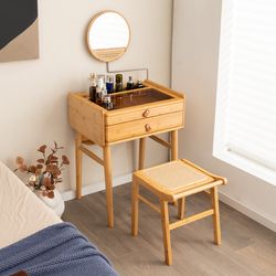 bamboo makeup vanity table with mirror & 2 storage drawers, space-saving beauty station