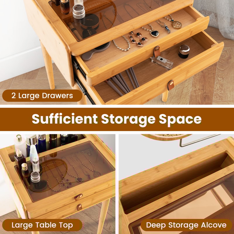 Bamboo Makeup Vanity Table With Mirror 2 Storage Drawers SpaceSaving Beauty Station 3
