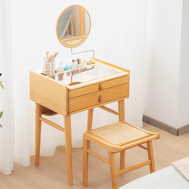 Vanity Table With Rotating Mirror Stool Bamboo Makeup Dressing Set For Bedroom 1