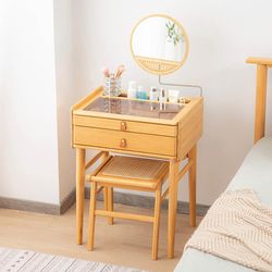 vanity table with rotating mirror & stool, bamboo makeup dressing set for bedroom