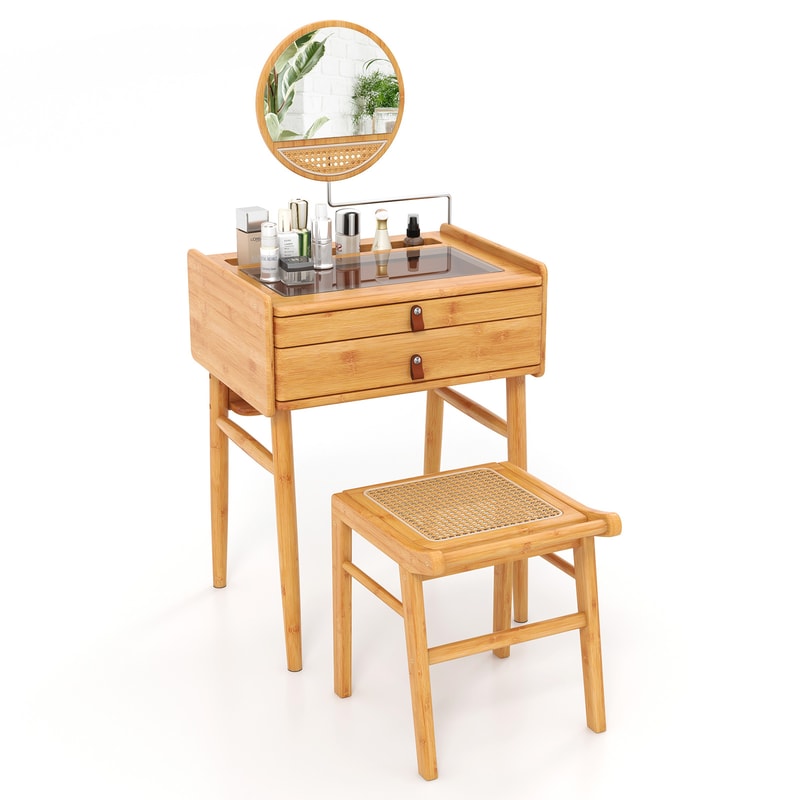 Vanity Table With Rotating Mirror Stool Bamboo Makeup Dressing Set For Bedroom 7