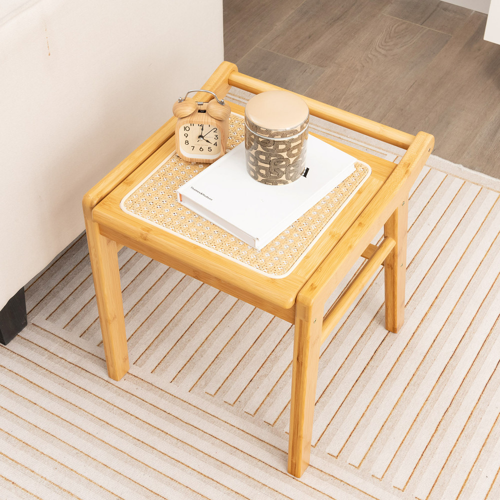 Elegant Vanity Stool, Bamboo Frame with Rattan Top & Reinforced Bar, Multi-Purpose Footrest & Seat