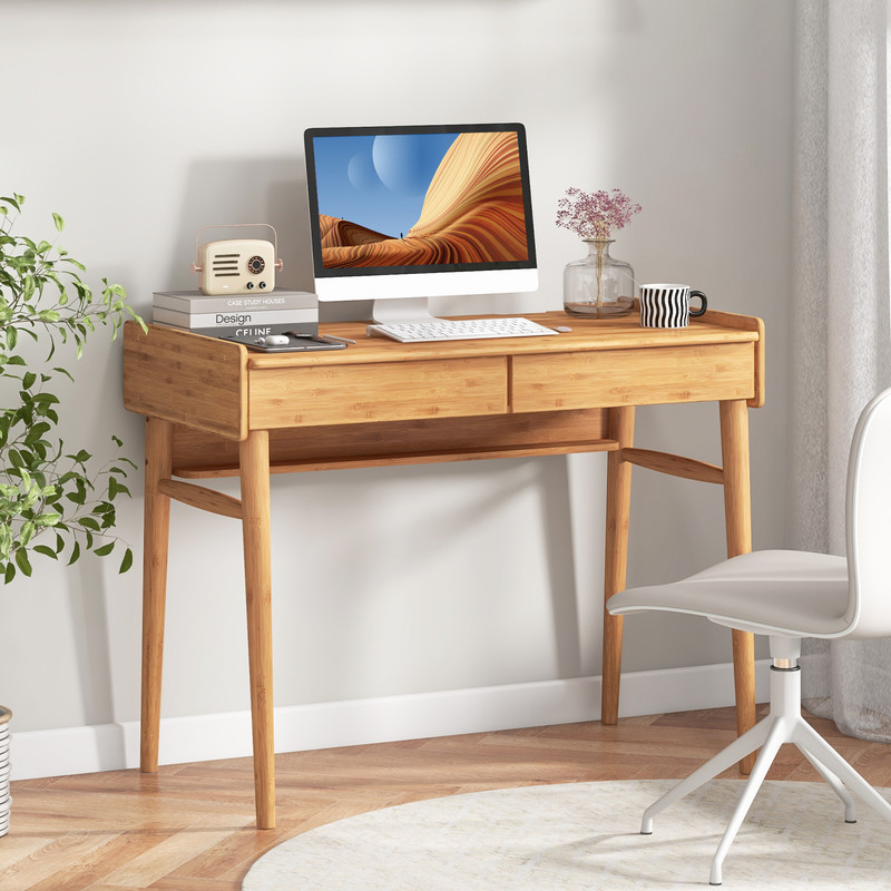EcoFriendly Bamboo Desk 2 Storage Drawers  Open Shelf Writing Workstation 0