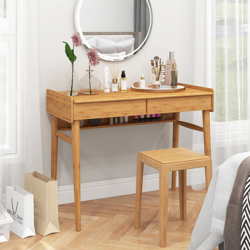 EcoFriendly Bamboo Desk 2 Storage Drawers  Open Shelf Writing Workstation 2