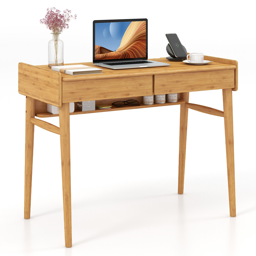 EcoFriendly Bamboo Desk 2 Storage Drawers  Open Shelf Writing Workstation 6