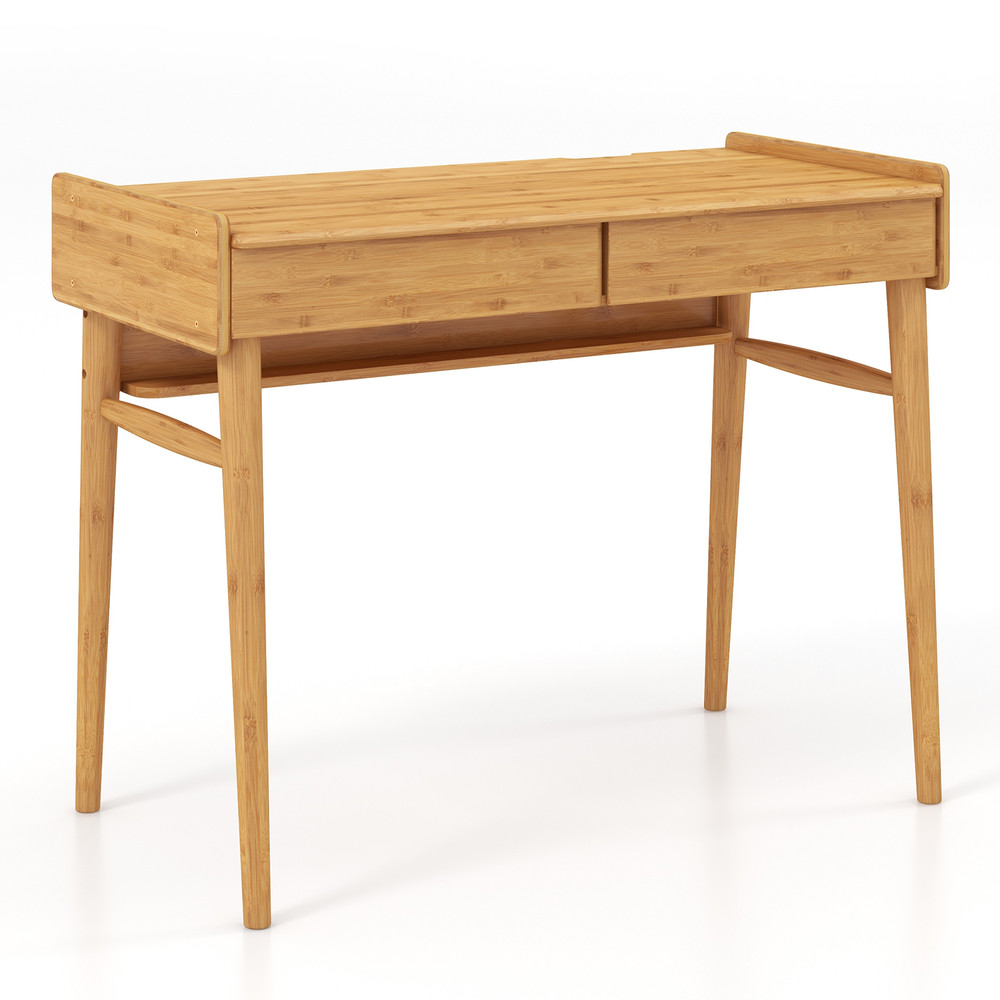 EcoFriendly Bamboo Desk 2 Storage Drawers  Open Shelf Writing Workstation 7