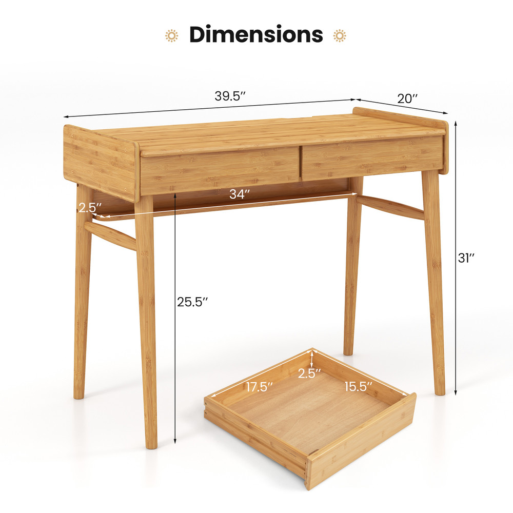 EcoFriendly Bamboo Desk 2 Storage Drawers  Open Shelf Writing Workstation 5
