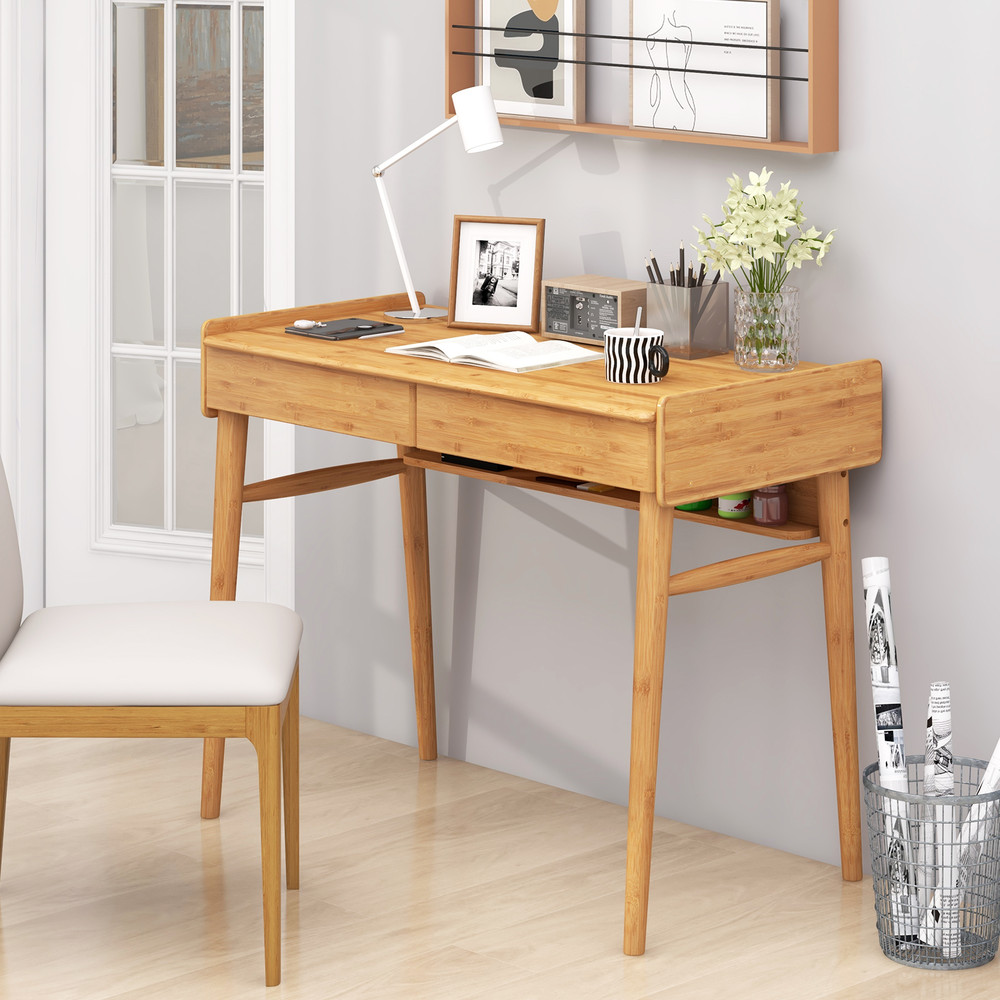 EcoFriendly Bamboo Desk 2 Storage Drawers  Open Shelf Writing Workstation 1