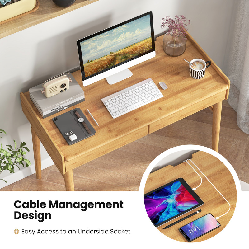 EcoFriendly Bamboo Desk 2 Storage Drawers  Open Shelf Writing Workstation 3